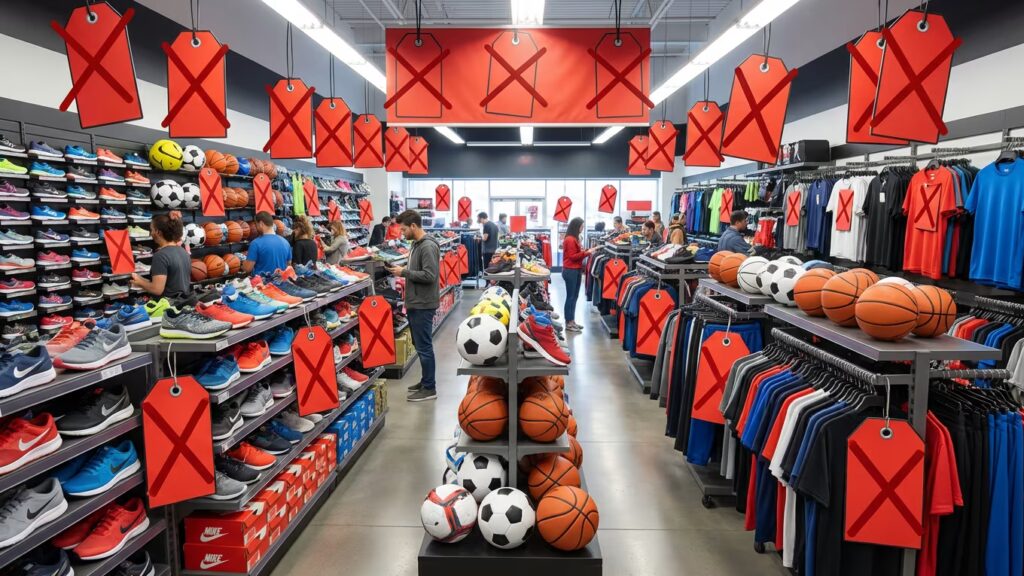 Une enseigne de sport met en avant des chaussures, ballons et vêtements en rayon avec des étiquettes de prix nettement abaissées.
