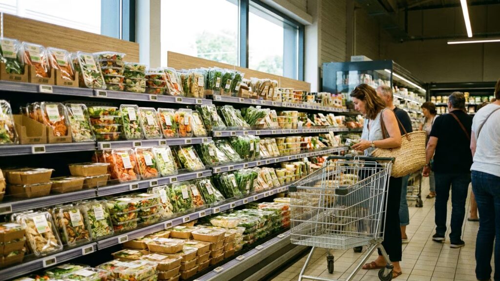 Un rayon de produits végétaux en grande surface, avec barquettes variées, chariot discret et ambiance de choix quotidien.
