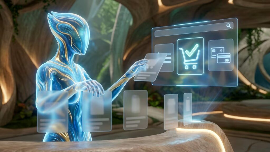 Une IA lumineuse trie des cartes produit floues, puis un écran de recherche affiche une validation avant paiement.