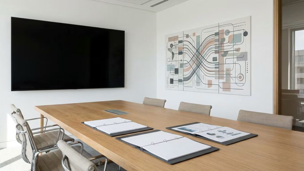 Une salle de réunion moderne montre un écran éteint, un tableau de suivi abstrait et des dossiers ouverts, symbolisant l’image d’une organisation dans les assistants IA.